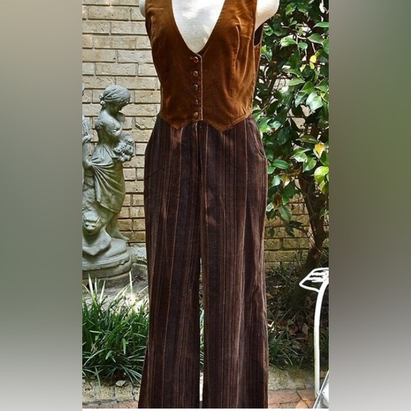 Vintage Jumpsuit The Strawberry Plant /Brown Vest Gray Stripe Trouser 70's - Picture 1 of 8
